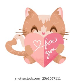 Cartoon red cat holding Valentines Day card in hands. Ginger kitty character in love. Romance concept pet with heart shaped tail. Cute textured hand drawn animal. Isolated flat vector illustration.