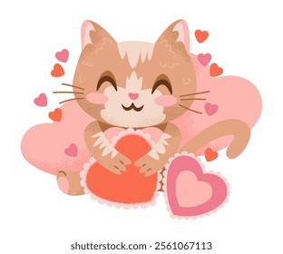 Cartoon red cat holding Valentines Day cards in hands. Ginger kitty character in love. Romance concept pet hugs heart. Cute textured hand drawn animal. Isolated vector illustration in flat style.