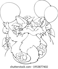 Cartoon Red Cat Pirate flying with balloons. Funny black and white doodle character isolated vector stock illustration for children coloring books, kids fashion prints, cards, mugs or logo