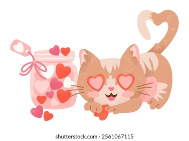 Cartoon red cat playing with hearts in jar. Valentines Day ginger kitty in love. Romance concept pet with heart shaped tail and eyes. Cute textured hand drawn animal. Isolated flat vector illustration