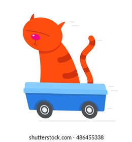 Cartoon red cat sitting in its litter box driving at speed with motion lines behind, vector illustration