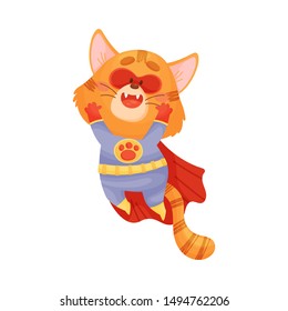 Cartoon red cat superhero jumping. Vector illustration on a white background.