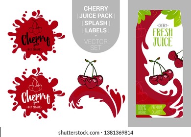 cartoon red cherries on juice splash. Fresh cherry juice pack with Organic labels tags and green leaves. Colorful berry stickers. Juicy fruit badges with splash. Fruit vector package set