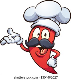 Cartoon red chili pepper with a chef hat clip art. Vector illustration with simple gradients. All in a single layer. 
