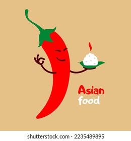 Cartoon red chili pepper is holding a rice dish on a green leaf. Asian cuisine concept, street food 