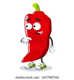 cartoon red chili pepper mascot showing himself on a white background