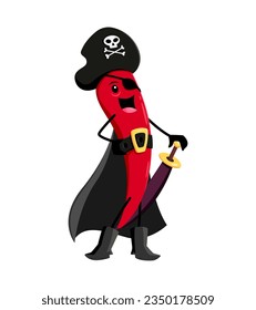 Cartoon red chili pepper pirate and corsair character. Isolated vector guindilla fiery and daring filibuster personage. Hot spicy sea rover, zestful captain wear black tricorn hat and cape