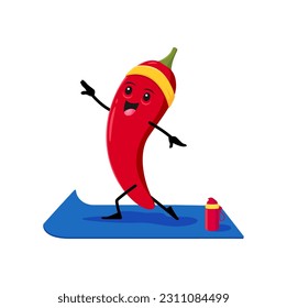 Cartoon red chili pepper vegetable character on yoga fitness sport. Isolated vector happy jalapeno personage stand in asana pose on mat. Yogi pepper in headband, natural healthy spicy food exercising