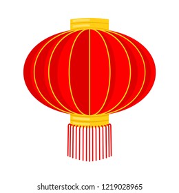 Cartoon red chinese paper lantern. Oriental new year decoration. Holiday themed vector illustration for icon, stamp, label, sticker, badge, gift card, invitation or banner decoration