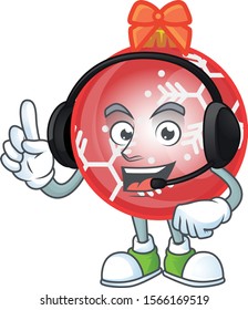 Cartoon red christmas ball with character with headphone