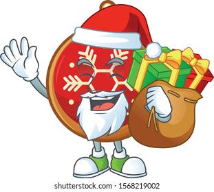 Cartoon red christmas ball with the santa bring gift character.