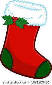 Cartoon Red Christmas Sock With Holly Berries And Leaves. Vector Hand Drawn Illustration Isolated On Transparent Background