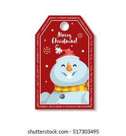 Cartoon red Christmas tag or label  with laughing snowmen in Santa's hat. Xmas gift tag, invitation banner, sale or discount poster.