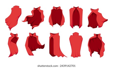 Cartoon red cloak. Flat comic mantle shawl fabric costume, elegant silk satin velvet robe for carnival hero character. Vector isolated set