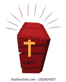 Cartoon of red  coffin with yellow cross vector illustration on white background.