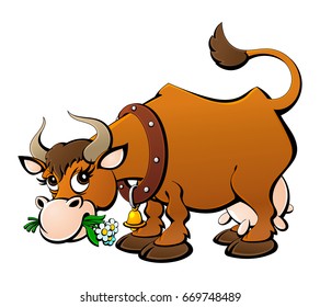 Cartoon red cow chewing grass.