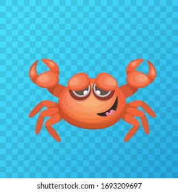 Cartoon red crab character with claws isolated on transparent grid backgound. Water animal sign. Seafood icon or logo