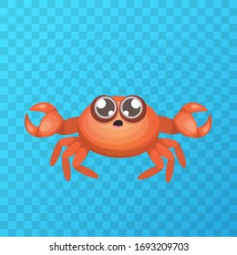 Cartoon red crab character with claws isolated on transparent grid backgound. Water animal sign. Seafood icon or logo