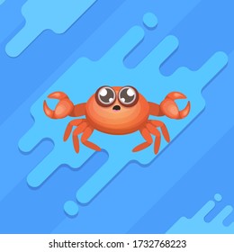 Cartoon red crab character with claws isolated on abstract blue backgound. Water animal sign. Seafood icon or logo