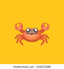 Cartoon red crab character with claws isolated on orange background. Water animal sign. Seafood icon or logo