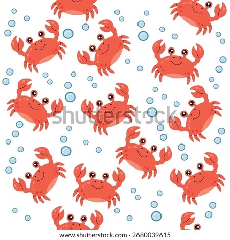 Cartoon Red Crab Pattern, Cute Smiling Sea Animal Seamless Vector Illustration