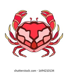 Cartoon red crab with simple decor on white isolated background. Good for book illustration.