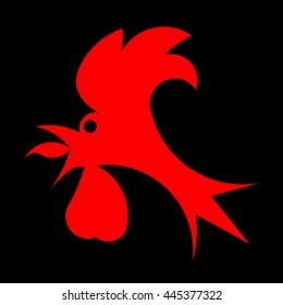 Cartoon red crow cock on black background. Vector icon.