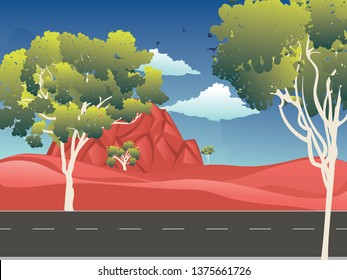 Cartoon Red Desert, Australian Landscape With Trees Illustration.