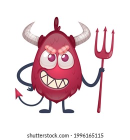 Cartoon red devil character with horns and tail holding trident vector illustration