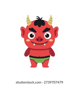 A cartoon red devil character with horns, fangs, and a green loincloth, smiling and standing upright.