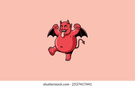 Cartoon red devil joyfully dancing with tongue out.