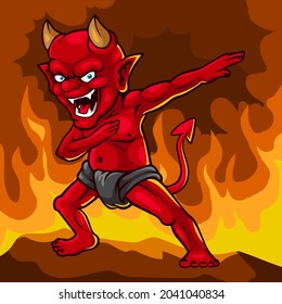 Cartoon red devil mascot isolated on hell fire background
