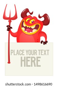 Cartoon red devil monster holding blank wooden board or placard. Halloween design