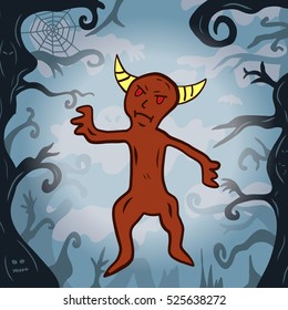 Cartoon of a red devil monster in a spooky forest