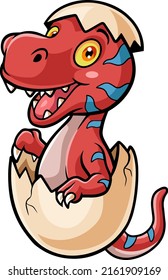 Cartoon red dinosaur hatching from egg