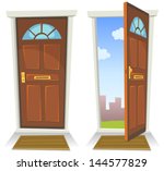 Cartoon Red Door, Open And Closed/ Illustration of a cartoon front red door opened on a spring urban backyard and closed, symbolizing private and public frontier, with mat carpet to wipe foot
