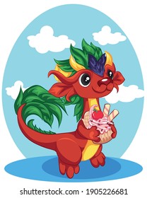 Cartoon red dragon with the cherry cupcake