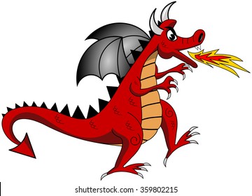 Cartoon red dragon exhaling fire isolated 