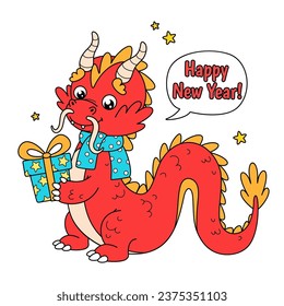 Cartoon red dragon. Symbol of the Chinese New Year 2024. Cute dragon in scarf with gift box in paws. Vector design perfect for greeting card, t-shirt print, poster. Isolated on white background.
