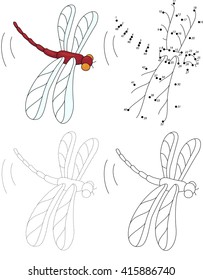 Cartoon red dragonfly. Dot to dot educational game for kids