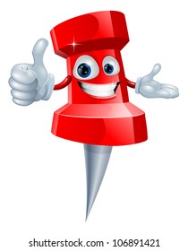 Cartoon red drawing pin man smiling and giving a thumbs up