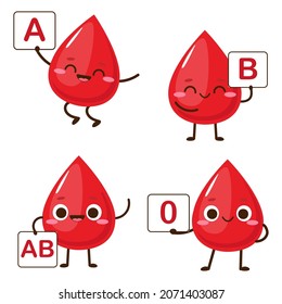 Cartoon red drops with blood type sign in hands vector illustration