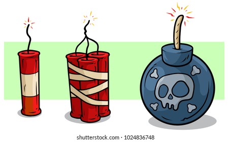 Cartoon red dynamite sticks with wick and bomb with skull. Vector icon set.