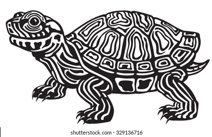 cartoon red eared slider turtle . Black and white side view image