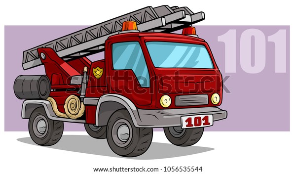 Cartoon red emergency rescue fire department truck\
with flasher, metal ladder and water hosepipe. On violet\
background. Vector\
icon.