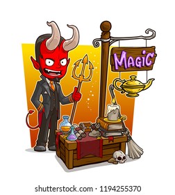 Cartoon red evil demon character with trident and magic vendor booth or shop market with text sign. Vector icon for game.