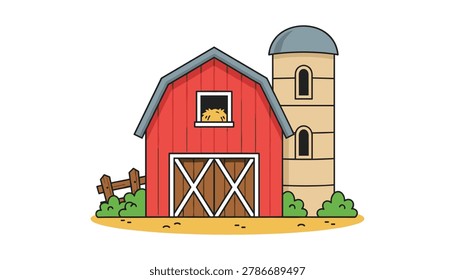 Cartoon red farm barn with silo and hay bale in window