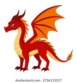 Cartoon red fire dragon character standing in side view. Cute fairytale monster or dinosaur. Isolated vector illustration on white background