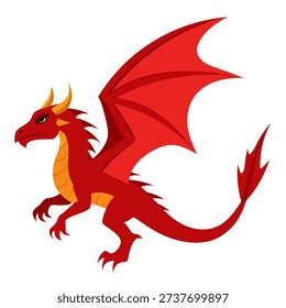 Cartoon Red Fire Dragon with Wings. Fantasy flying dragon or dinosaur. Mythical character. Suitable for children's books, branding, sticker, logo, icon. Isolated vector on white background