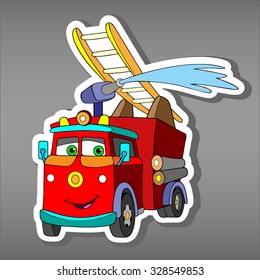 Cartoon red Fire truck car sticker for boys. Vector illustration of water engine car for scrapbook. Emergency truck Applique Background.Funny smile car in paper cut style. Comic character for textile 